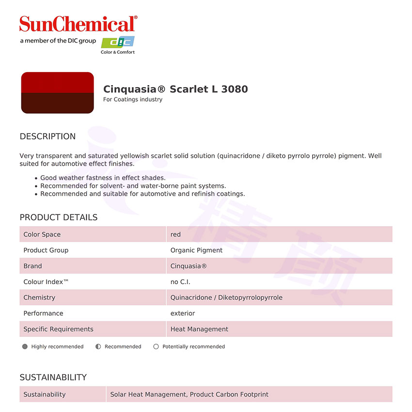 DIC Cinquasia Scarlet L3080汽车漆专用颜料TDS技术数据表